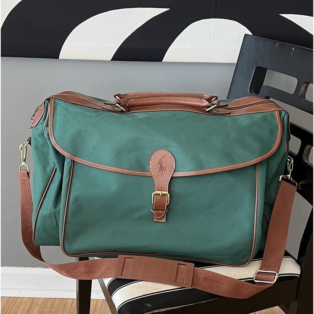 Vintage Ralph Lauren Polo Duffle Bag 90s Weekender Travel Green Canvas 21x11x11”